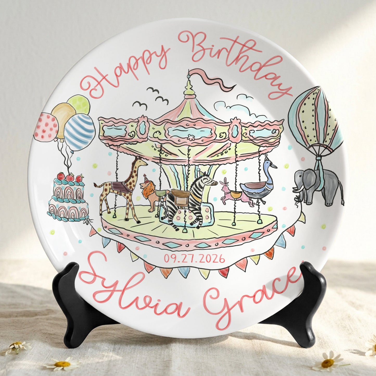 Carousel Animal Personalized Birthday Plate for Kids Custom Ceramic Keepsake P810QSG0