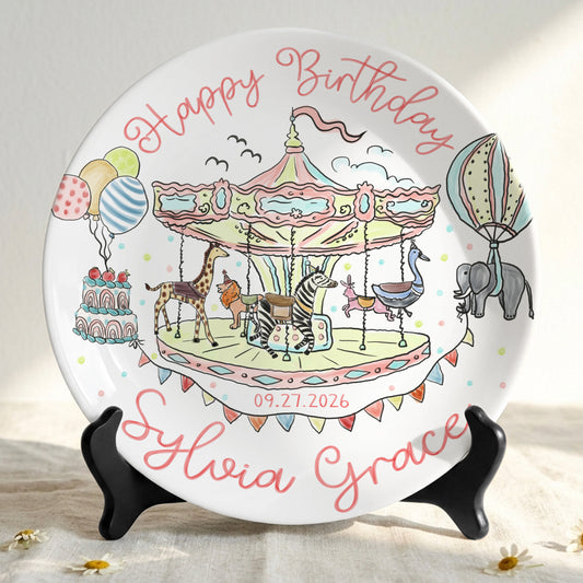 Carousel Animal Personalized Birthday Plate for Kids Custom Ceramic Keepsake P810QSG0