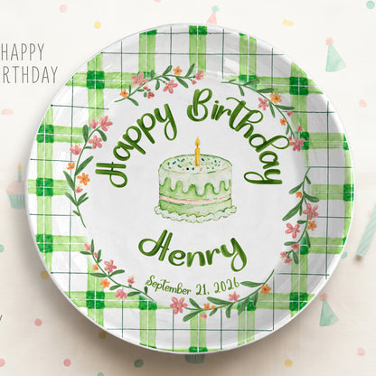 Green Gingham Daisy Birthday Keepsake Personalized Birthday Plate P627TBG0