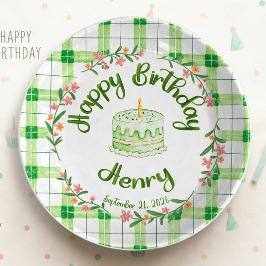 Green Gingham Daisy Birthday Keepsake Personalized Birthday Plate P627TBG0
