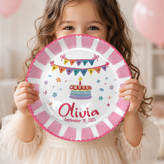 Pink Banner Cake Personalized Birthday Plate P526VNQ0