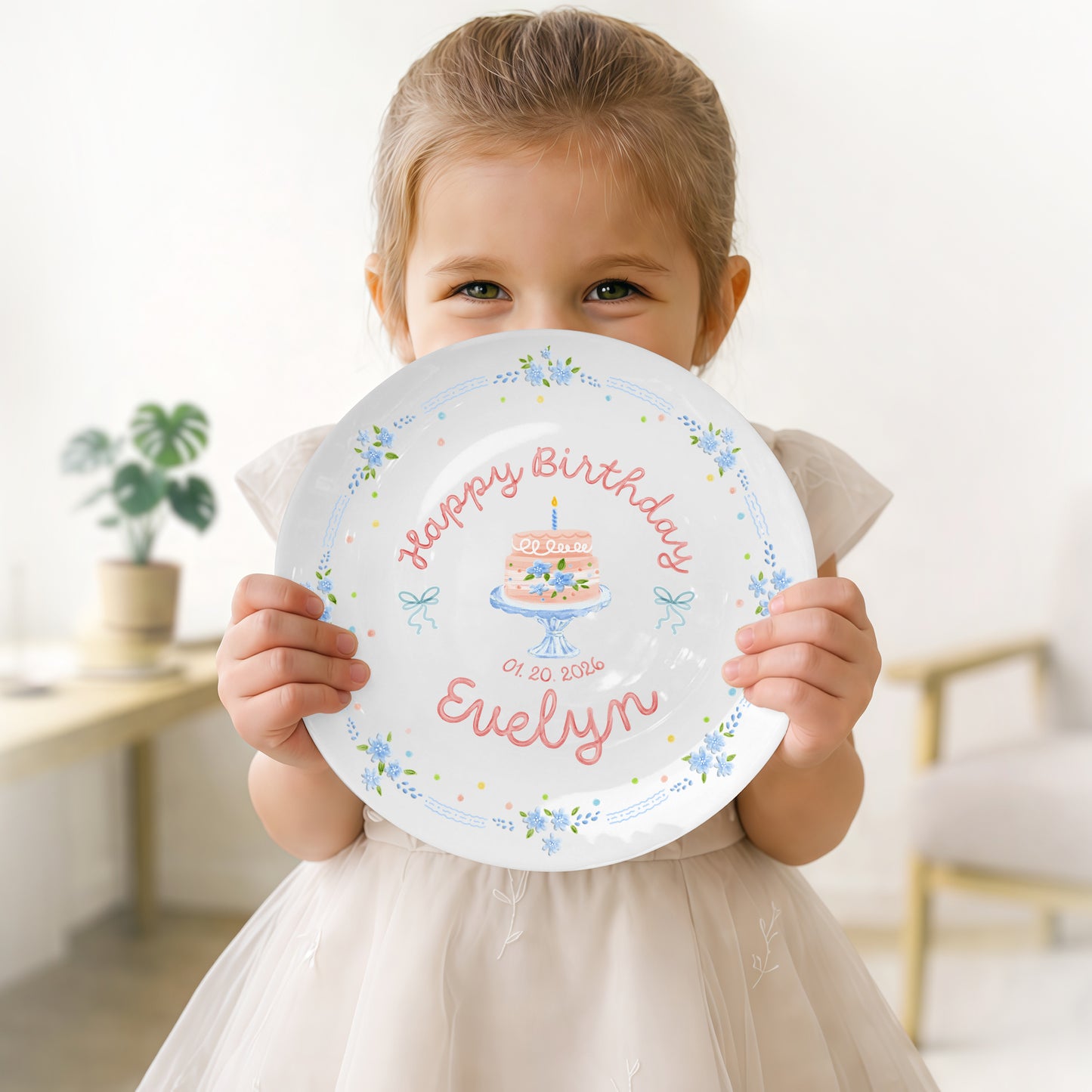 Blue Floral Border with Cake Stand Birthday Cake Personalized Birthday Plate P41CO80