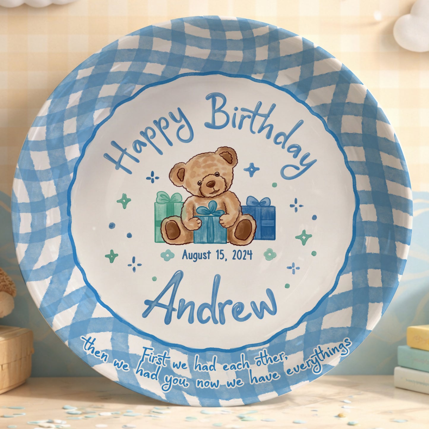 Blue Teddy Bear Birthday Keepsake Personalized Birthday Plate for Baby Boy P625FJ00