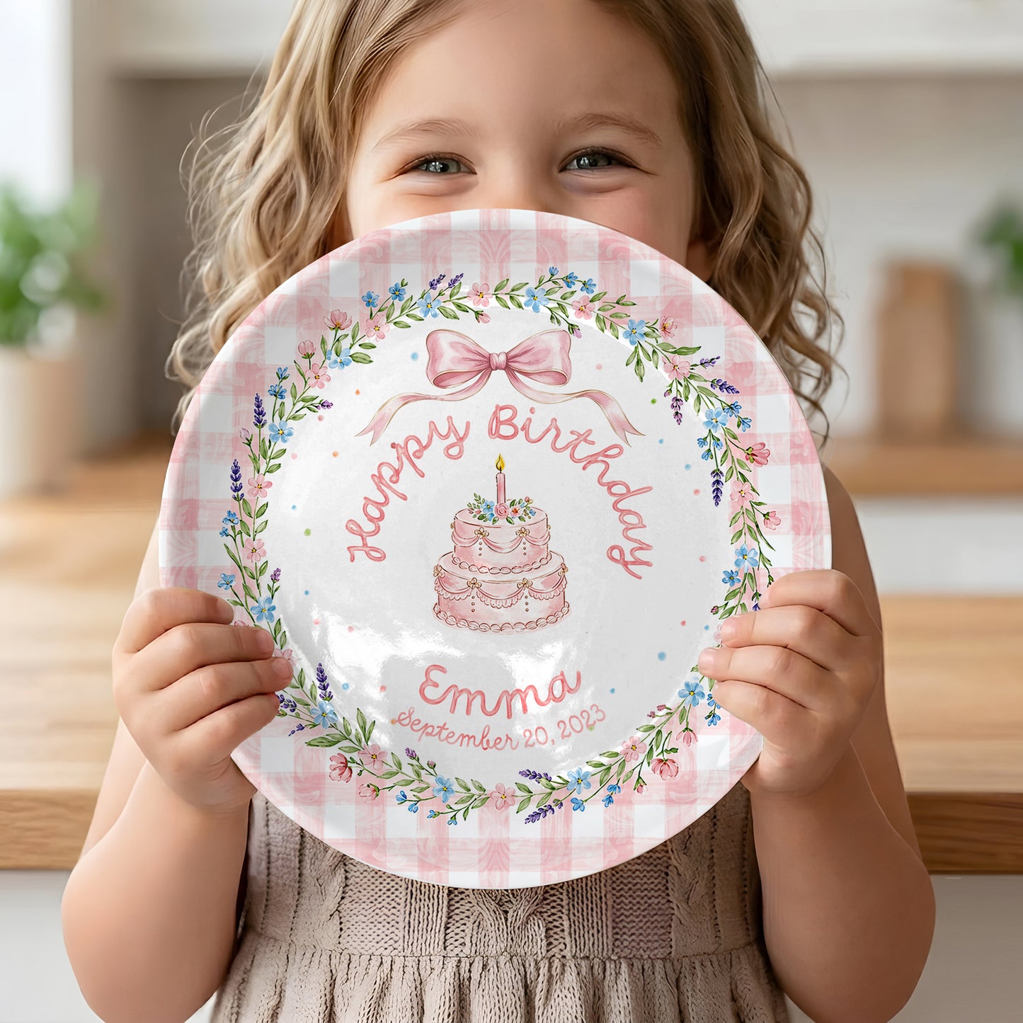 Pink Gingham Bow Cake Personalized Birthday Plate P423V6P0