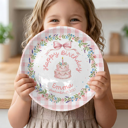 Pink Gingham Bow Cake Personalized Birthday Plate P423V6P0