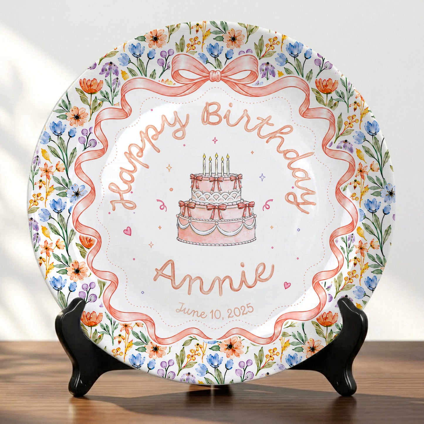 Floral Bow Birthday Cake Personalized Birthday Plate for Kids Keepsake P86TSJ0