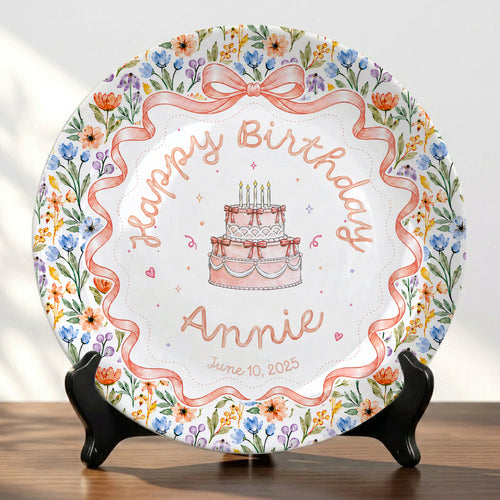 Floral Bow Birthday Cake Personalized Birthday Plate for Kids Keepsake P86TSJ0