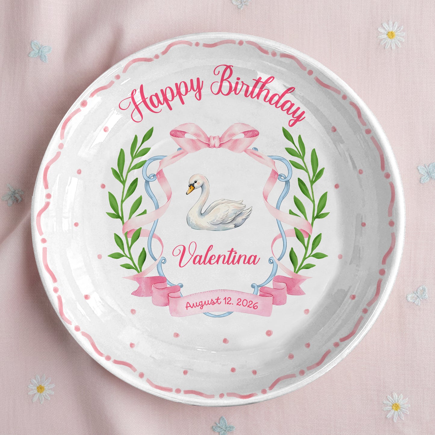 Pink Swan and Bow Personalized Birthday Plate P318OF20