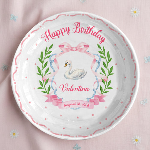 Pink Swan and Bow Personalized Birthday Plate P318OF20