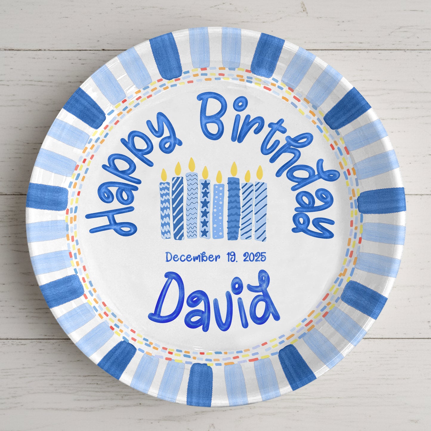 Patterned Blue Candles Personalized Birthday Plate P29SGG0