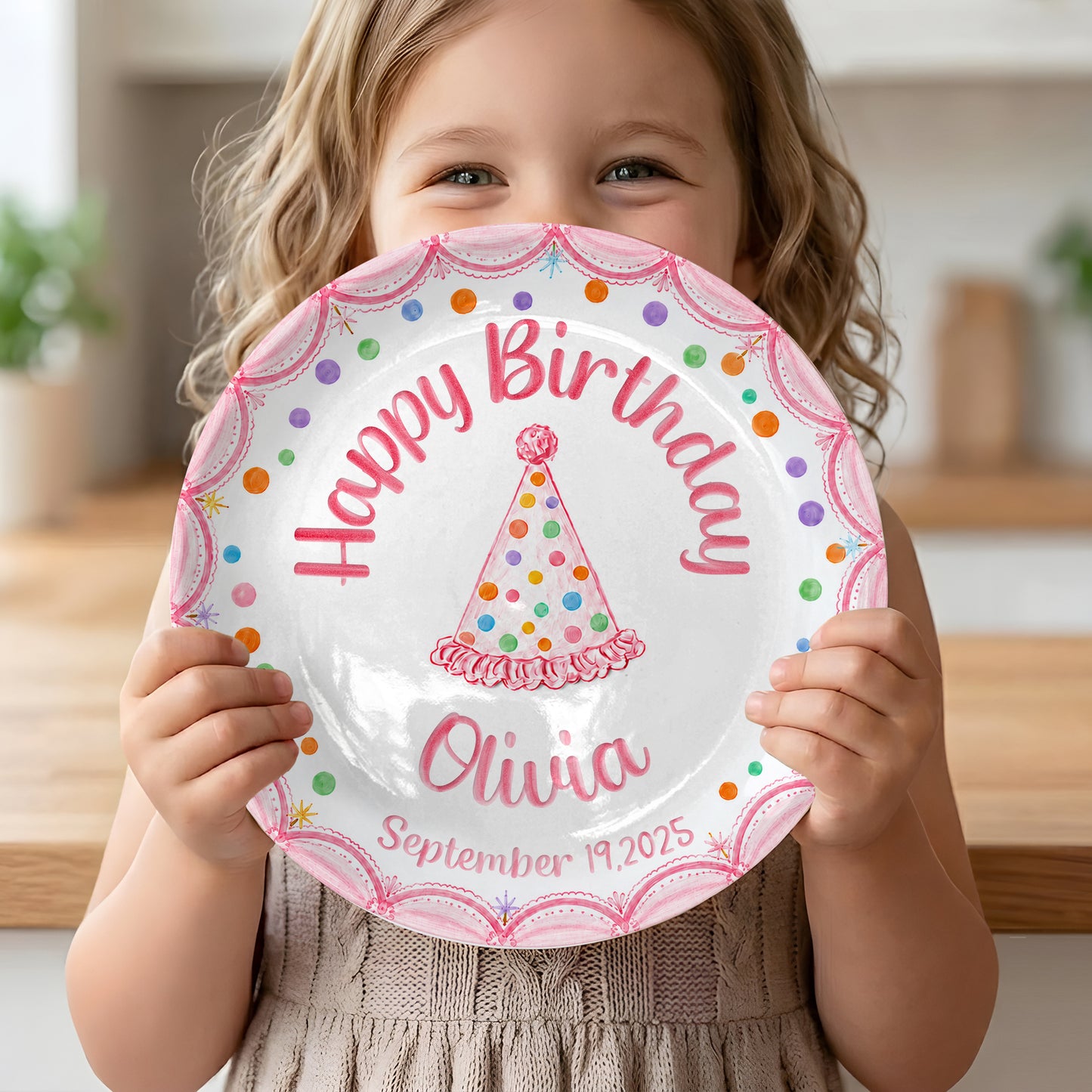 Pink Scallop Border with Colorful Polka Dot & Party Hat Personalized Birthday Plate P5653B0
