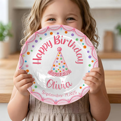 Pink Scallop Border with Colorful Polka Dot & Party Hat Personalized Birthday Plate P5653B0