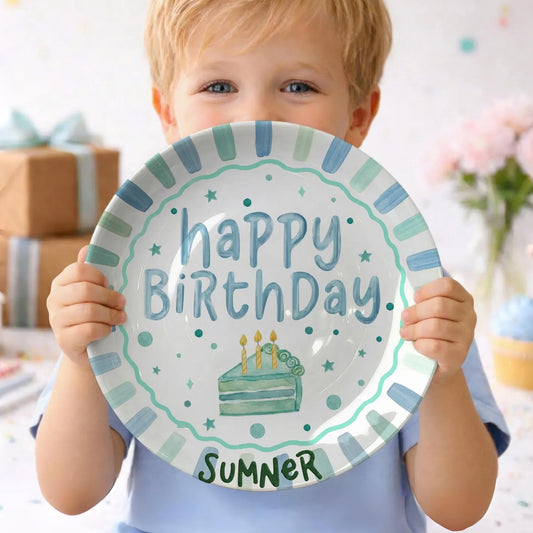Blue and Mint Striped Border with Teal Cake Slice Personalized Birthday Plate D43D5V0
