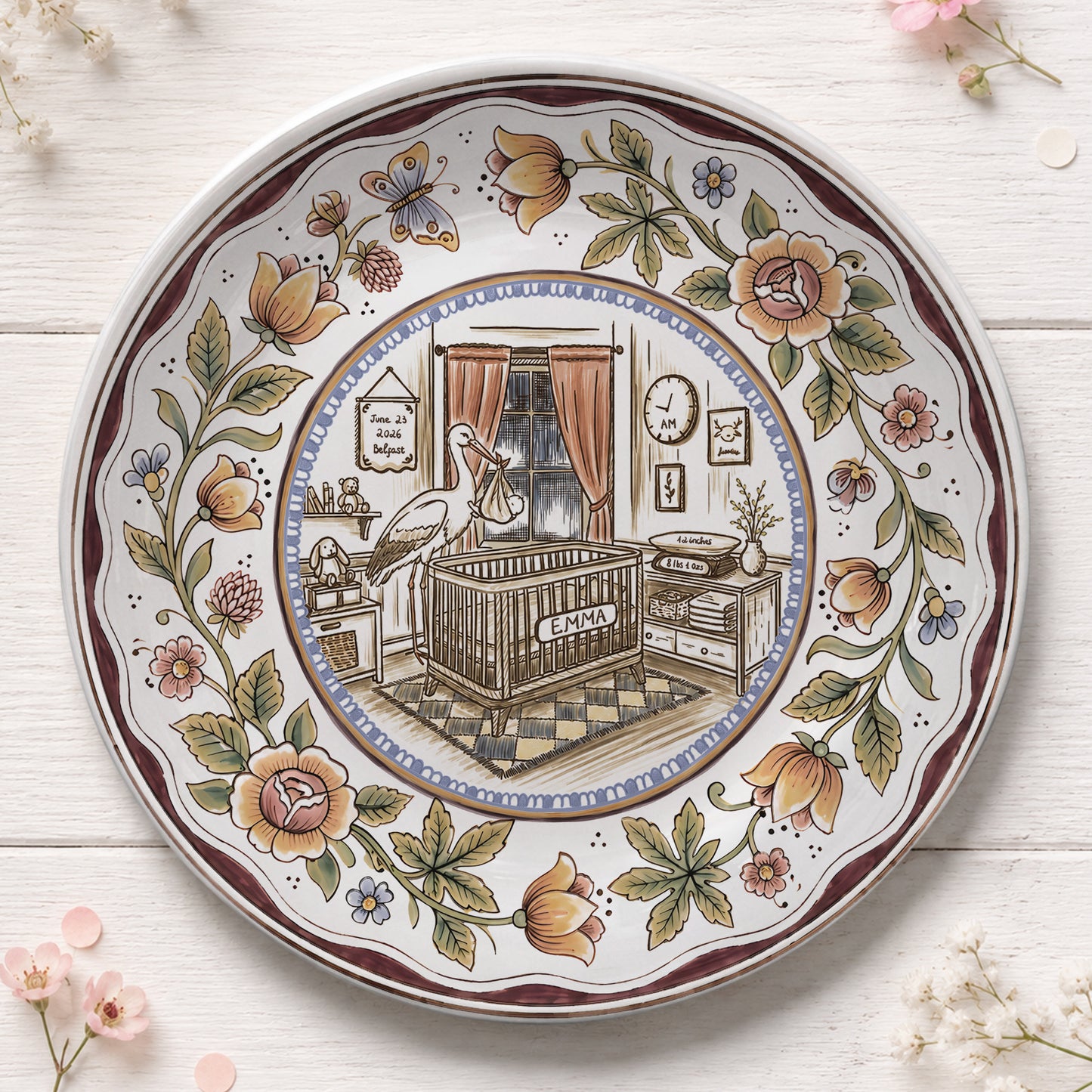 Floral Goose Baby Birth Stats Custom Ceramic Personalized Birthday Plate P825ZLY0