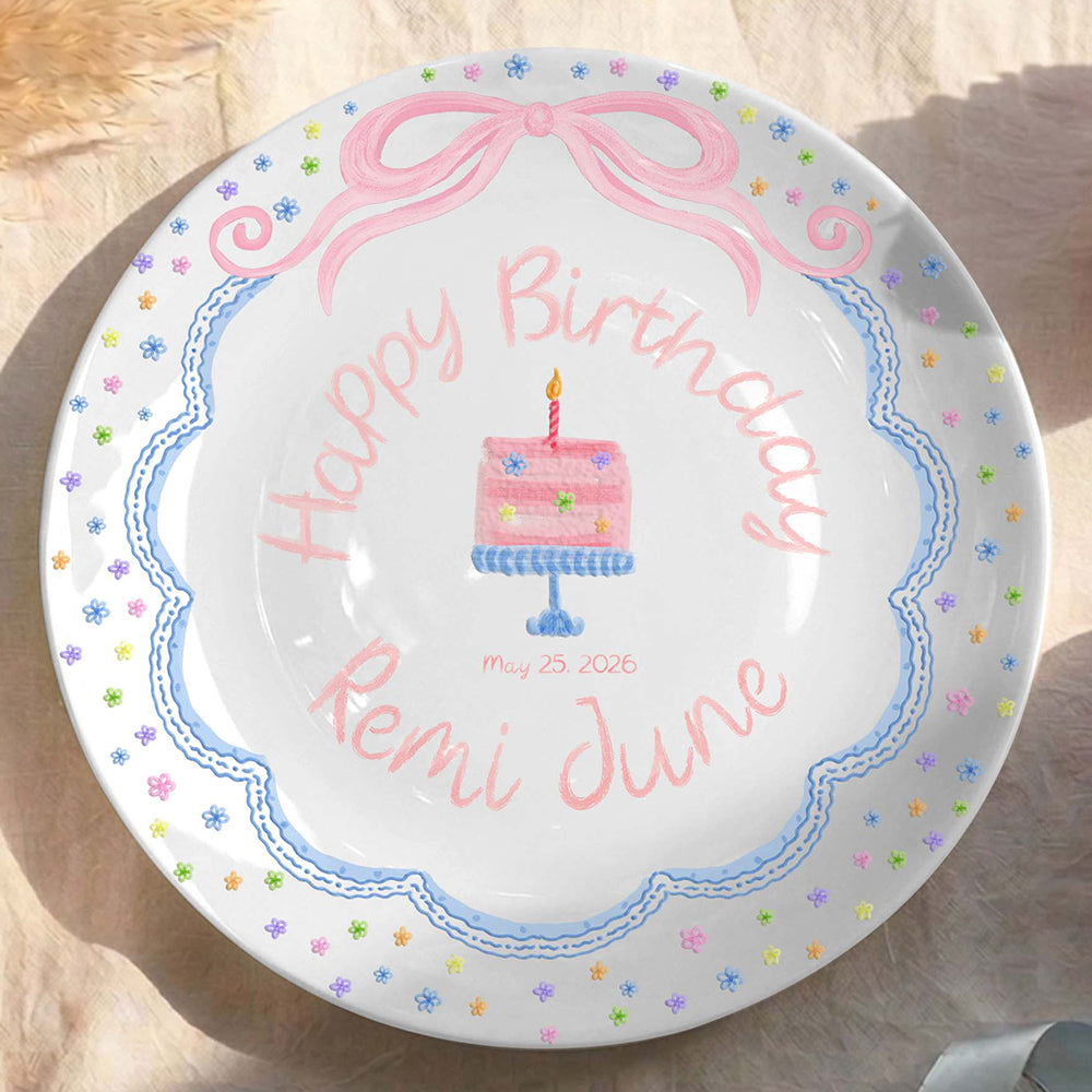 Pink Bow with Tiny Flower Border Personalized Birthday Plate P41A4U0