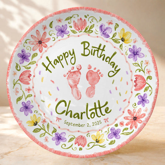 Floral Baby Footprint Personalized Birthday Plate for Girl, First Birthday Keepsake P727CV20
