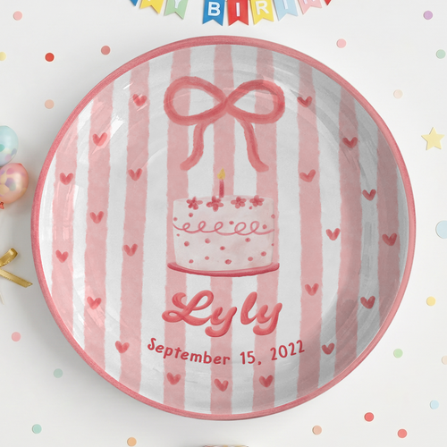Pink Bow Personalized Birthday Plate for Kids Custom Ceramic Keepsake Gift P731THN0