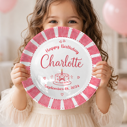Pink Candy Stripe Birthday Cake Personalized Birthday Plate P514ZFC0