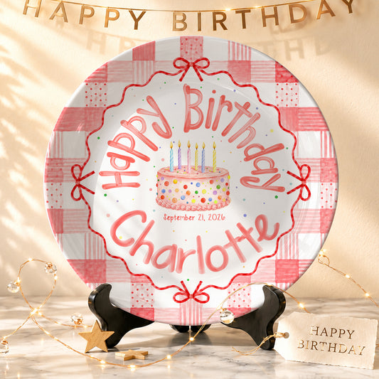 Pink Gingham Bow Birthday Keepsake Personalized Birthday Plate for Girls P627UVB0