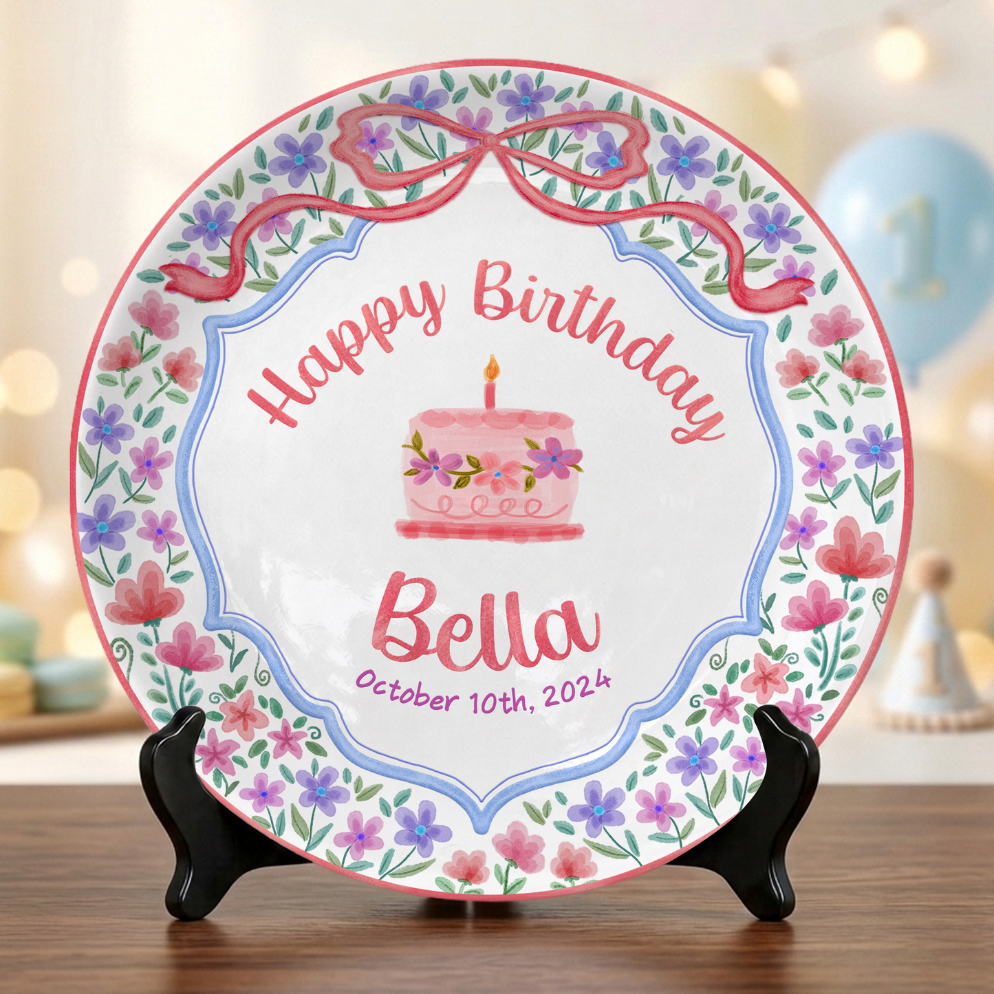 Elegant Floral Bow Birthday Personalized Birthday Plate for Girls P810XZY0