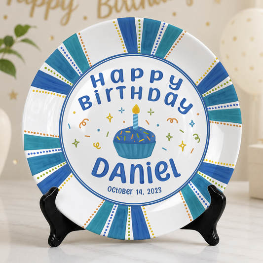 Blue Cupcake Birthday Keepsake Personalized Birthday Plate P72VHR0