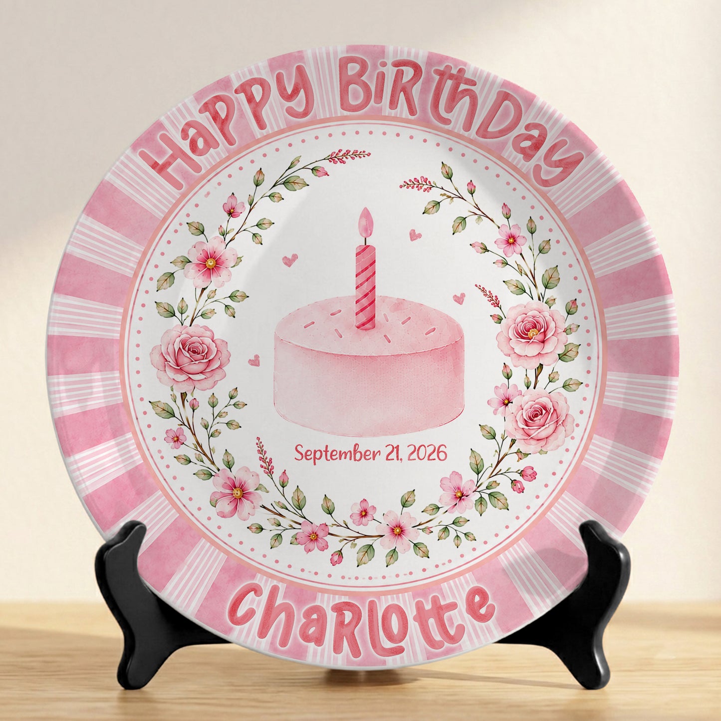 Pink Floral Cake Keepsake Personalized Birthday Plate for Baby Girls P872UD0