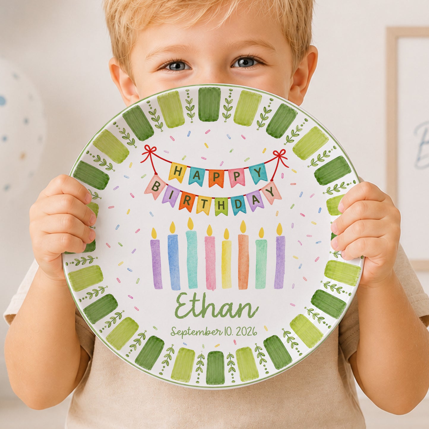 Green Striped Leaf Border with Birthday Banner and Colorful Candles Personalized Birthday Plate P66QSJ0