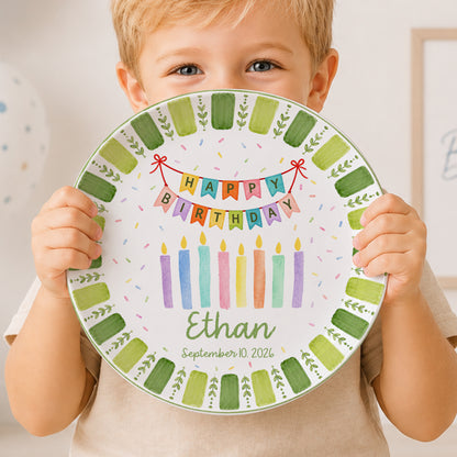 Green Striped Leaf Border with Birthday Banner and Colorful Candles Personalized Birthday Plate P66QSJ0