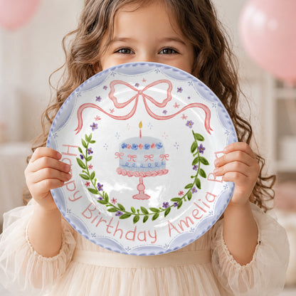 Pink Bow and Lavender Floral Wreath Cake Stand Personalized Birthday Plate P62GQC0