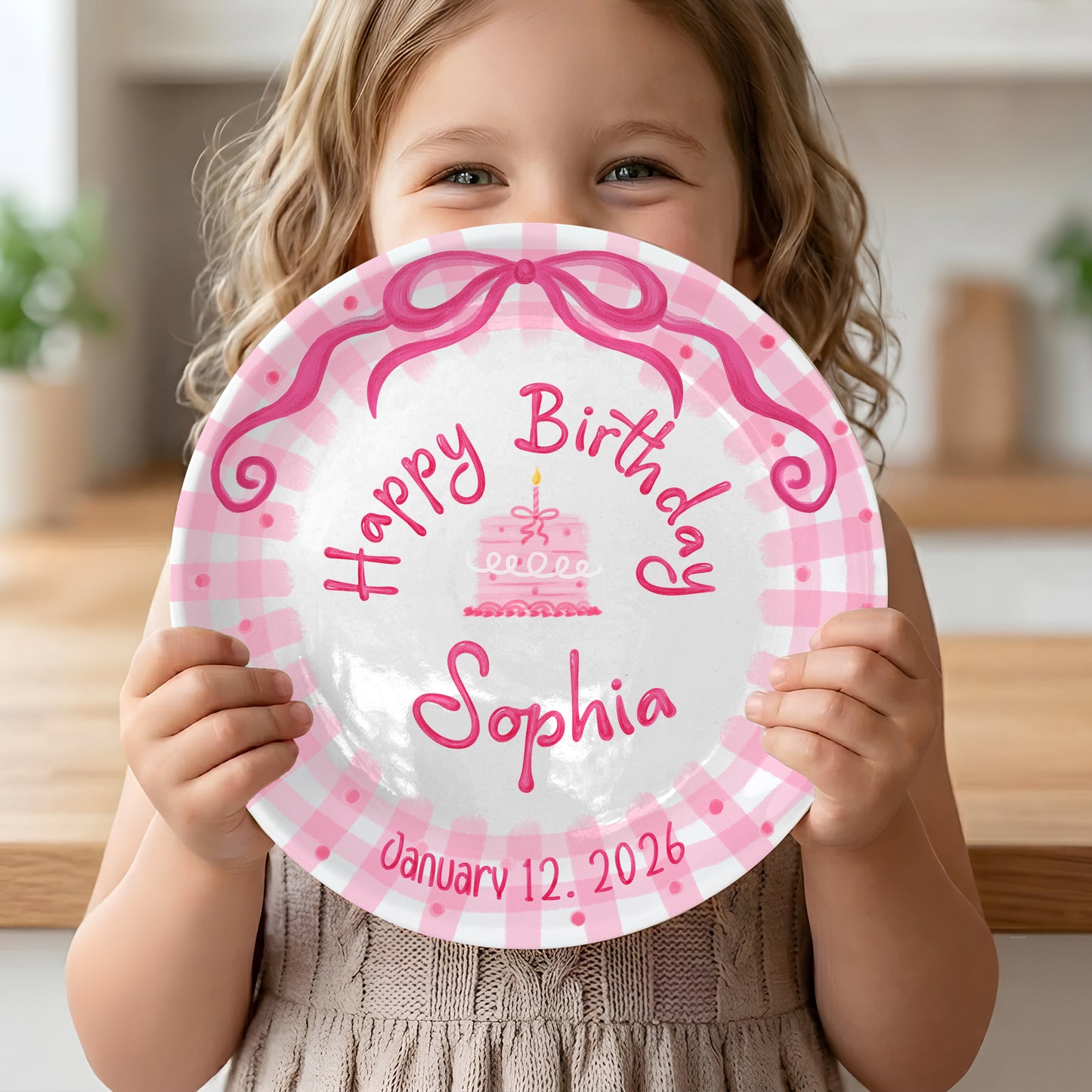 Pink Bow and Pink Gingham Birthday Cake Personalized Birthday Plate P5220BP0