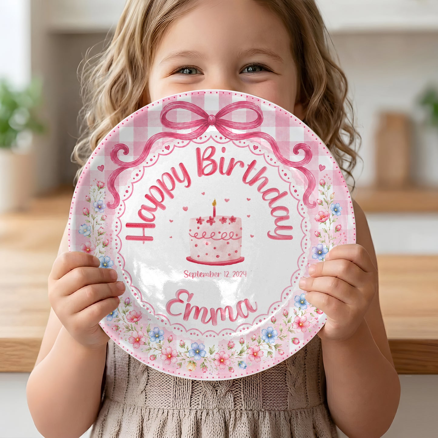Pink Gingham Floral Bow Cake Personalized Birthday Plate for Girls P520UDC0