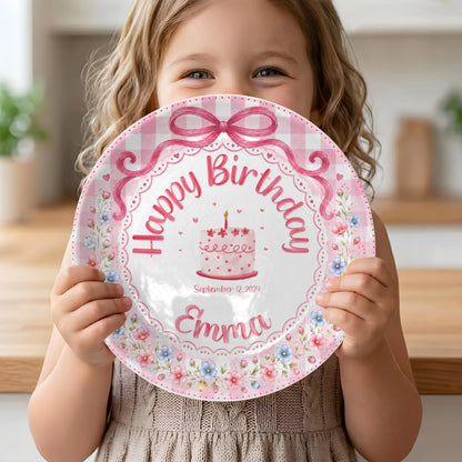 Pink Gingham Floral Bow Cake Personalized Birthday Plate for Girls P520UDC0