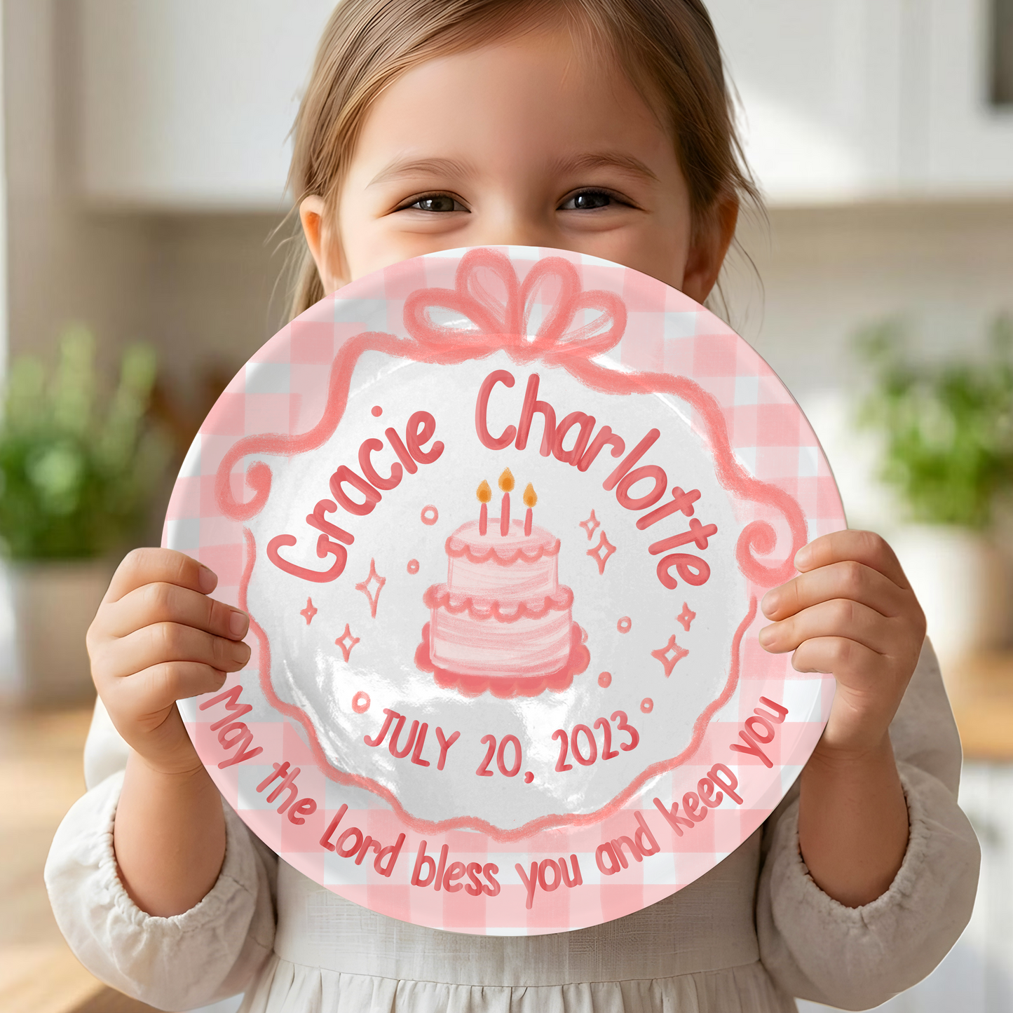 Pink Gingham Bow Cake Personalized Birthday Plate for Girls P212CMT0