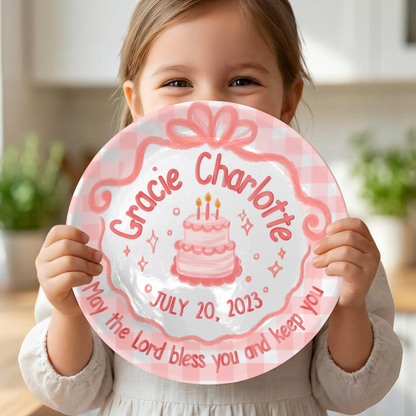 Pink Gingham Bow Cake Personalized Birthday Plate for Girls P212CMT0