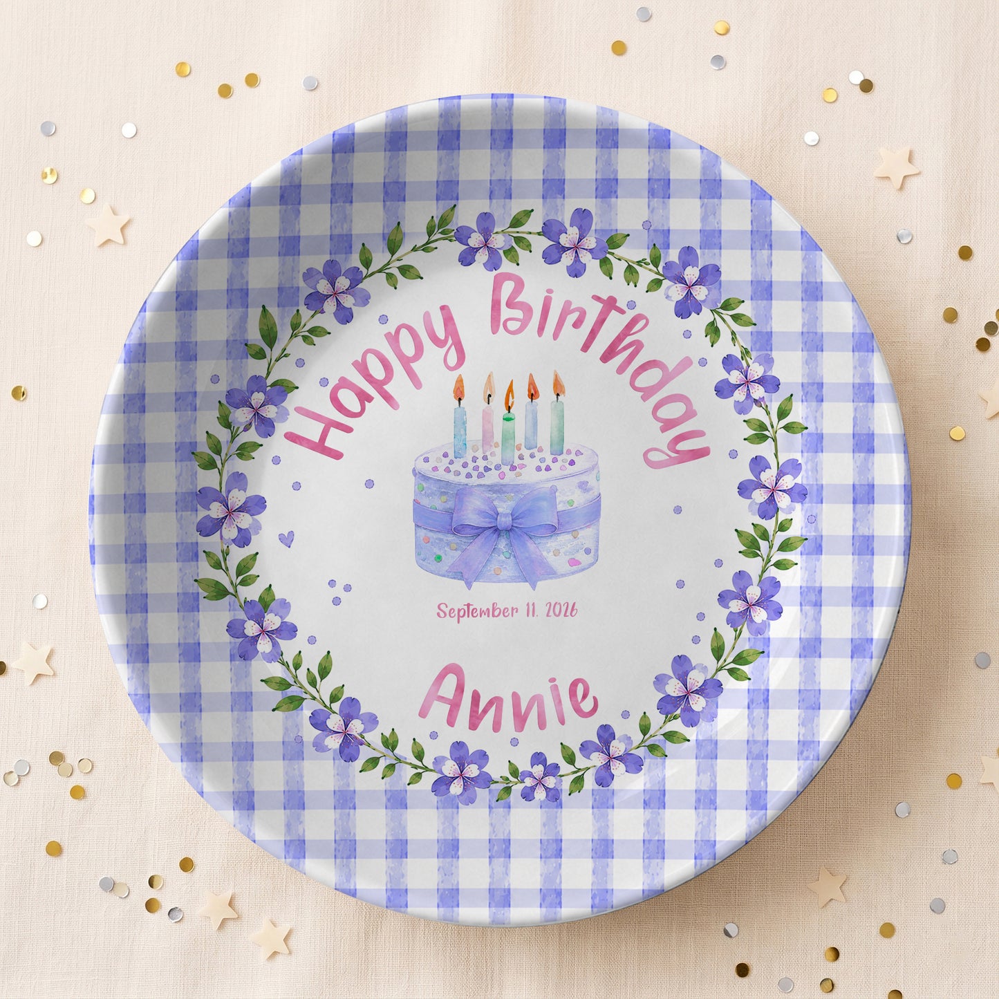 Purple Gingham Border with Floral Wreath Personalized Birthday Plate P624NIV0