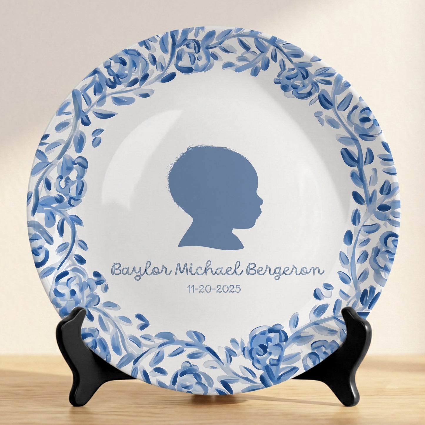 Blue Floral Silhouette Personalized Birthday Plate for Kids, Custom Name and Date Ceramic Keepsake P85LY90