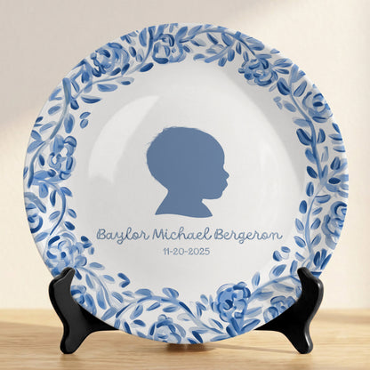 Blue Floral Silhouette Personalized Birthday Plate for Kids, Custom Name and Date Ceramic Keepsake P85LY90