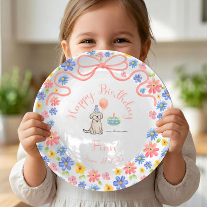 Pink Bow with Pastel Floral Border and Birthday Puppy Personalized Birthday Plate P522HZQ0