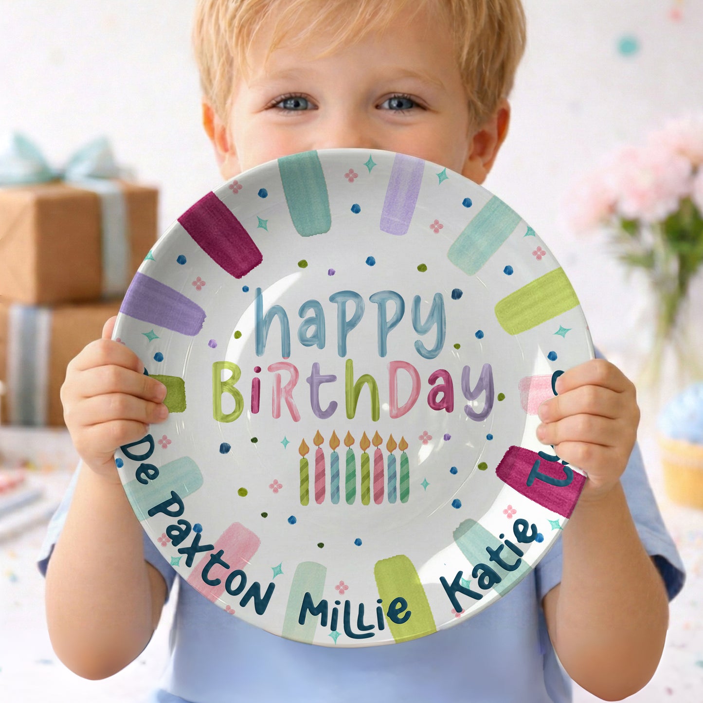 Rainbow Stripe Candle Personalized Birthday Plate for Kids P525IDR0
