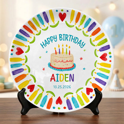 Colorful Candle Kids Birthday Keepsake Custom Name Date Personalized Birthday Plate P8140WR0