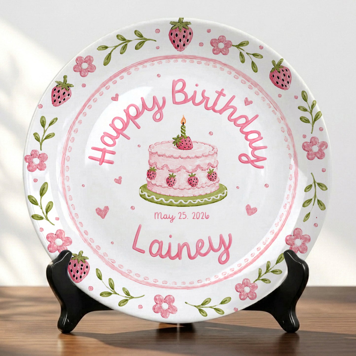 Strawberry Floral Cake Keepsake Ceramic Personalized Birthday Plate for Kids P83M4Y0
