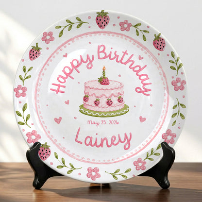 Strawberry Floral Cake Keepsake Ceramic Personalized Birthday Plate for Kids P83M4Y0