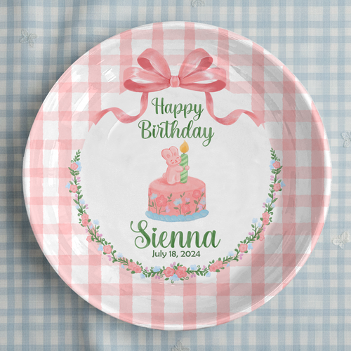 Pink Gingham Bunny Cake Personalized Birthday Plate P212CLS0