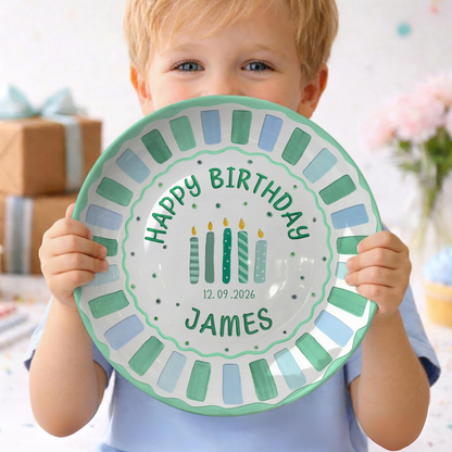 Green and Blue Striped Candle Birthday Personalized Birthday Plate P514G5K0