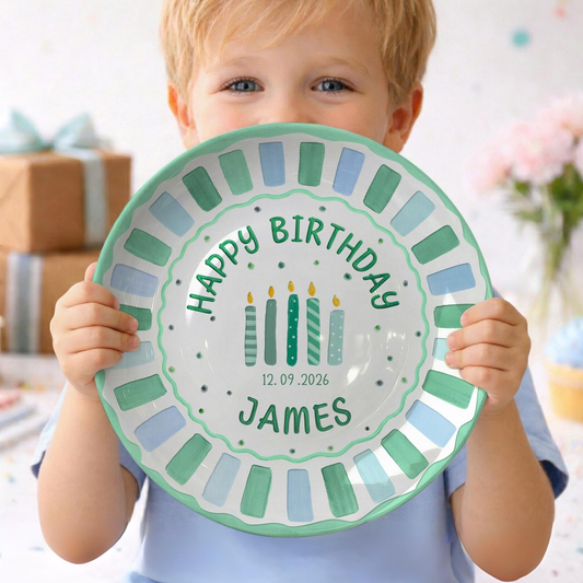 Green and Blue Striped Candle Birthday Personalized Birthday Plate P514G5K0
