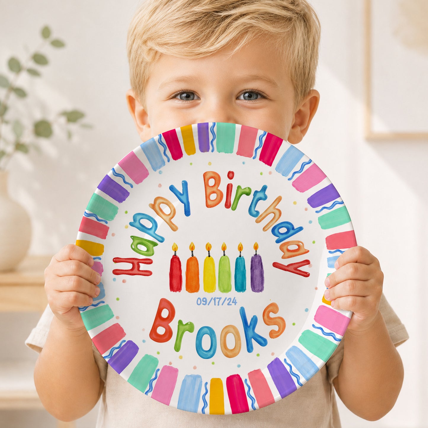 Rainbow Stripe Colorful Candle Personalized Birthday Plate D6103AG0