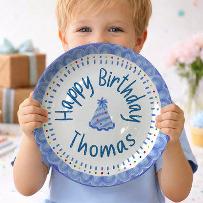 Blue Crayon Scallop Border with Party Hat Personalized Birthday Plate P511RLQ0
