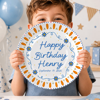 Orange Sunburst Border with Blue Flowers Personalized Birthday Plate P626HW0