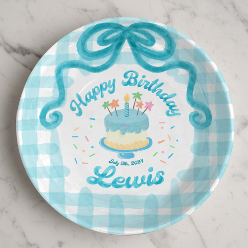 Teal Bow and Checkered Cake Personalized Birthday Plate P212RB00