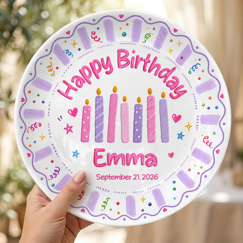 Colorful Candle Personalized Birthday Plate for Kids Custom Ceramic Keepsake Gift P86ZYS0